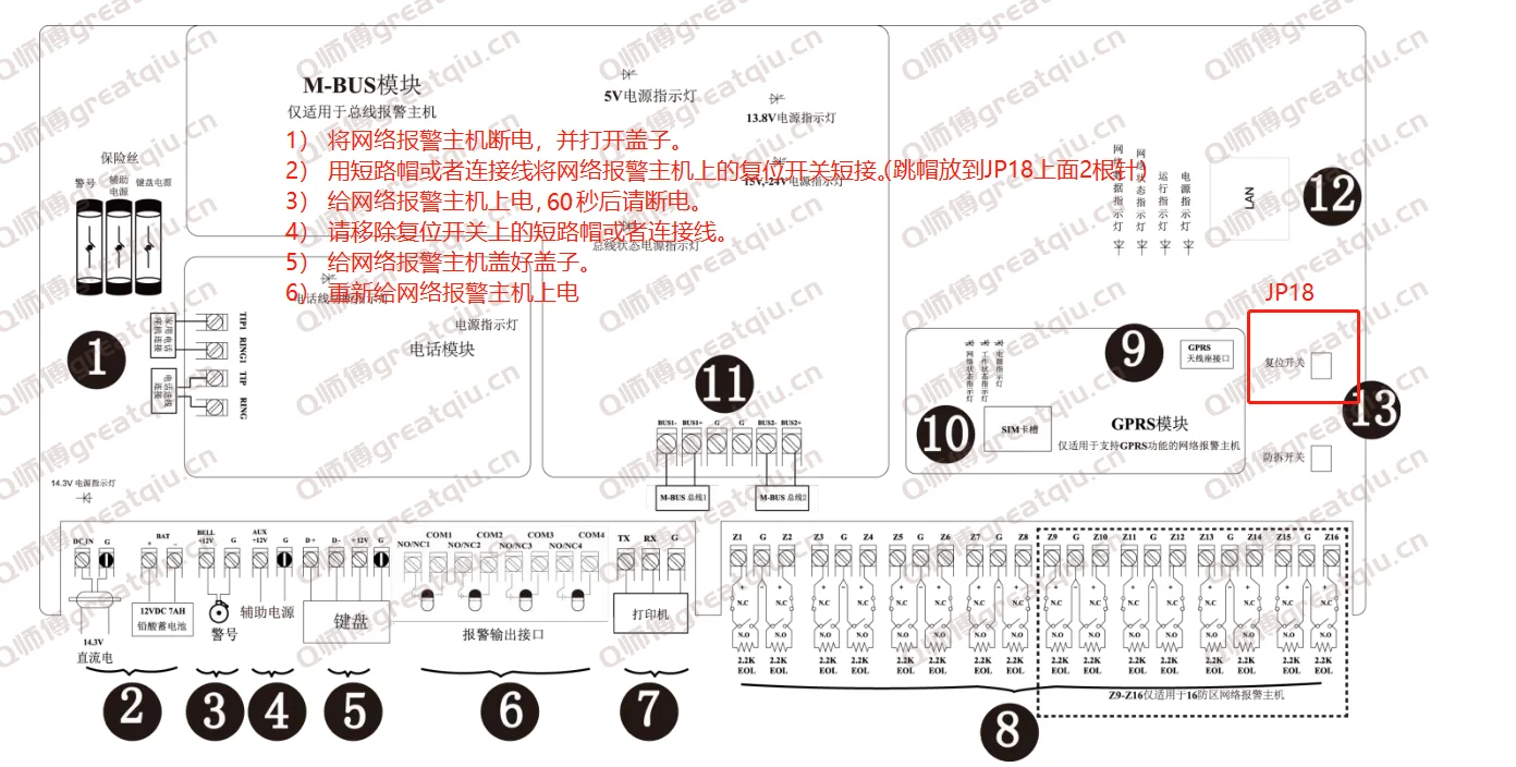 海康威视商业级报警主机硬件复位设置（恢复出厂）